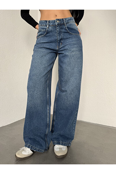 asfamoda بنطلون جينز نسائي أزرق فضفاض للغاية وواسع الساقين وعالي الخصر