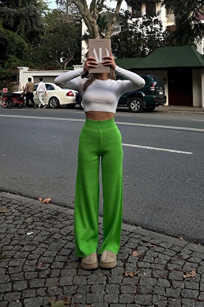 Swist Çimen Yeşili Yüksek Bel Beli Lastikli Kadın Triko Pantolon