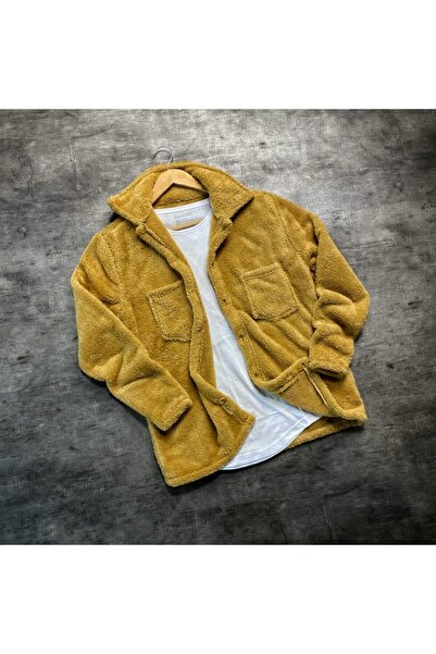 Baycombine35 Men's Mustard Button Detailed Pocket Plush Jacket Large