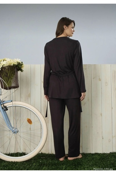 Pijamoni Dublin Kumaş Üçlü Sabahlıklı Siyah Pijama Takımı