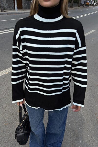 Swist Pulover de tricotat pentru femei, negru, cu gât roșu, cu dungi