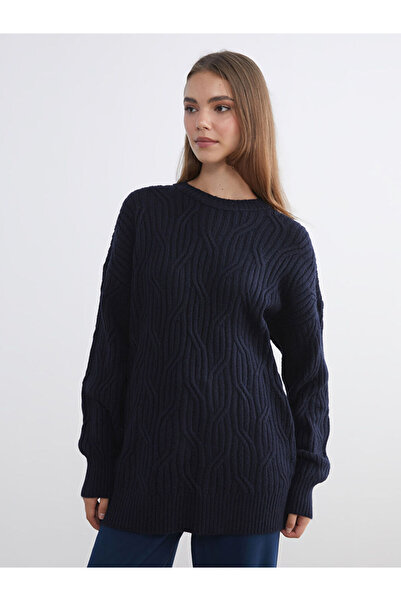 LC Waikiki Lcw Modest Navy Blue Crew Neck Self-Patterned Women's Knitwear Swe...