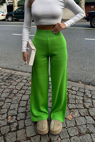 Swist Çimen Yeşili Yüksek Bel Beli Lastikli Kadın Triko Pantolon