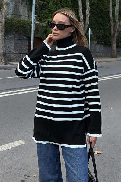 Swist Pulover de tricotat pentru femei, negru, cu gât roșu, cu dungi