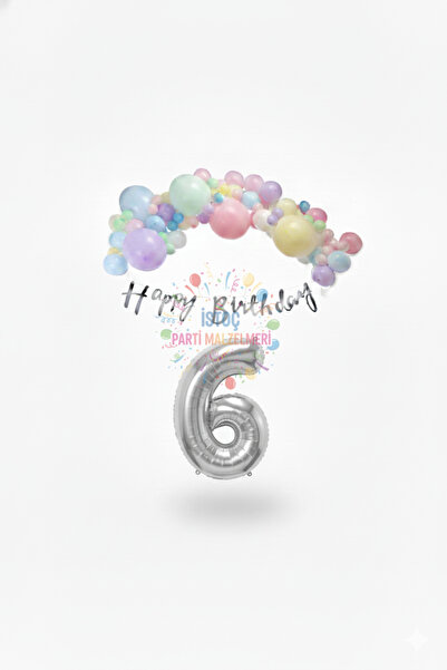 İSTOÇ PARTİ Happy Birthday Written Calligraphy Banner Macaron Balloon Set 6 Y...