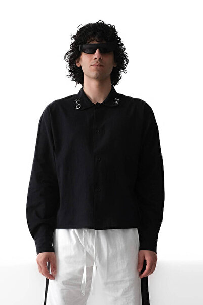 1887CLO Yaka 3lü Piercing Detaylı Siyah Boxy Fit Crop %100 Pamuk İnce Gömlek