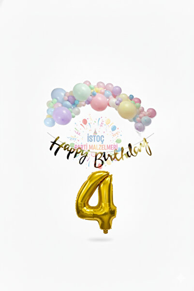 İSTOÇ PARTİ Happy Birthday Written Calligraphy Banner Macaron Balloon Set 4 Y...