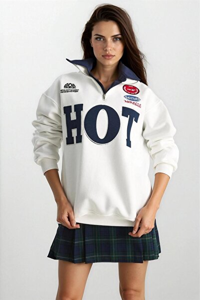 WeShaya Hanorac alb cu fermoar brodat oversize cu guler ridicat