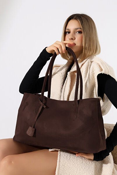 BALANZ Geantă maro pentru femei din nubuck de dimensiuni mari, cu mâner de umăr și geantă de mână