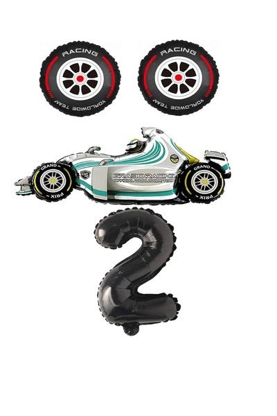 Generic Brand White Racing Car Rubber and Black Figure Foil Balloon Set Age 2