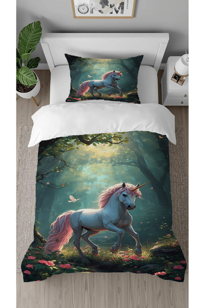 GREENDECOR Unicorn Forest Patterned Digital Printed Special Design Single Children's Duvet Cover Set Without Sheets