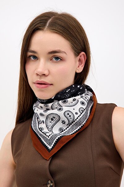 NİLİST Cotton Brown Edged Navy Blue White Shawl Patterned Scarf