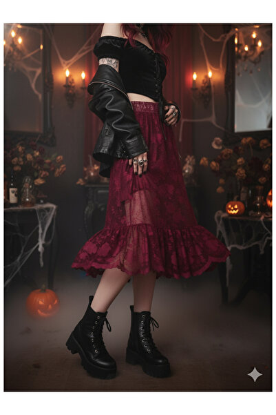 Namaste Vintage Burgundy Color Floral Lace Pattern Sheer Gothic Skirt