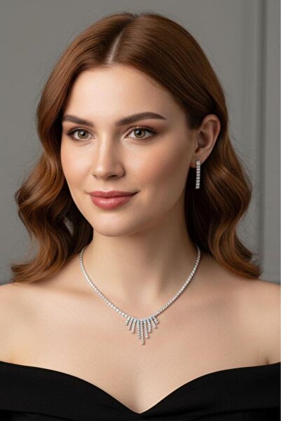Valmont Accessories Taşlı Kolye ve Küpe Düğün, Kına, Nişan Gelin 2'li Takı Seti