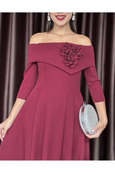 zoezoe Zoee Üçlü Tek Gül Tasarım Madonna Yaka Uzun Kol Elbise (düğün/davet/mezuniyet/söz elbisesi)