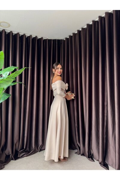 zoezoe Zoee Üçlü Tek Gül Tasarım Madonna Yaka Uzun Kol Elbise (düğün/davet/mezuniyet/söz elbisesi)