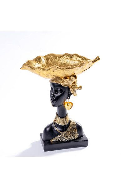 Malooki Statuetă decorativă elegantă – Doamnă africană cu frunză aurie