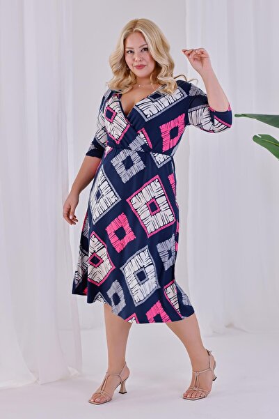 Madwilo Women's Navy Blue Pink Geometric Pattern Double Breasted Collar Elastic Waist Plus Size Dress