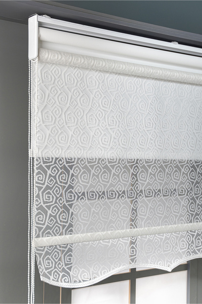 bizdenperde Çift Mekanizmalı Beyaz Döngü Desen Tül Ve Stor Güneşlik Perdeler