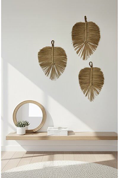 MANOADECO Doğal Hasır/Rafya Yaprak Duvar Dekoru 3'lü Set - Bohem İskandinav S...