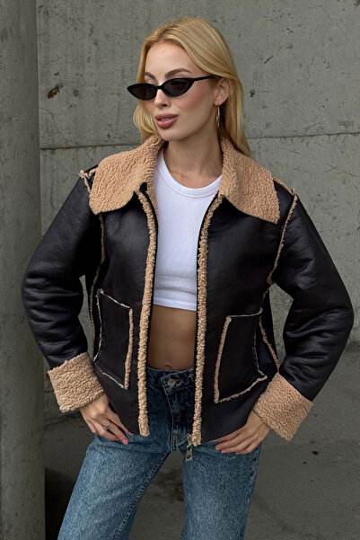 bacc سترة نسائية سوداء بيج بجيبين مزدوجين مع فرو صناعي من الداخل BCVL-25V217