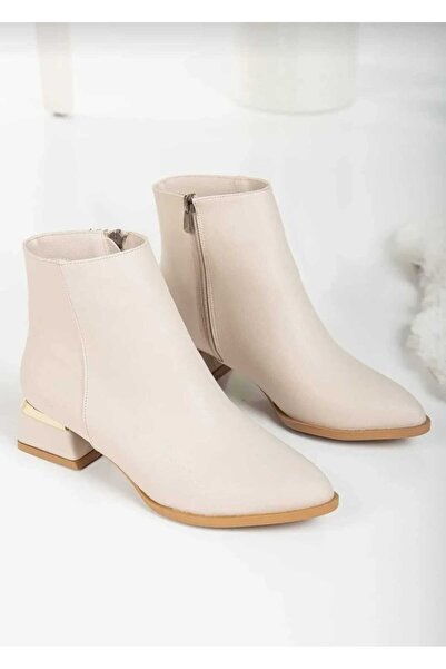 Dubais Shoes BEJ GALVANİZ 4 CM TOPUKLU DÜZ ŞIK VE RAHAT KADIN BOTU K400