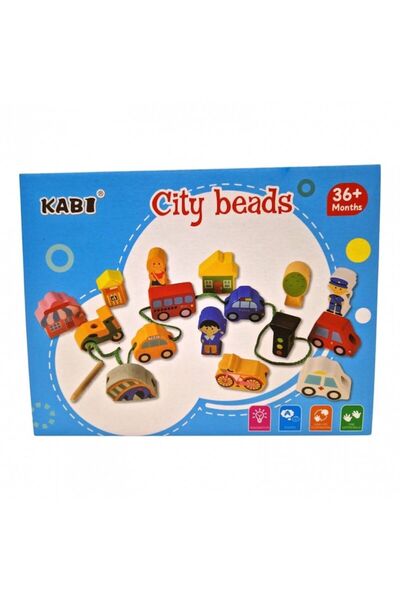 OEM City Beads Wooden Threading Game, 16 Pieces, Vehicles & Buildings, Multicolor, 20.5x16x4 cm