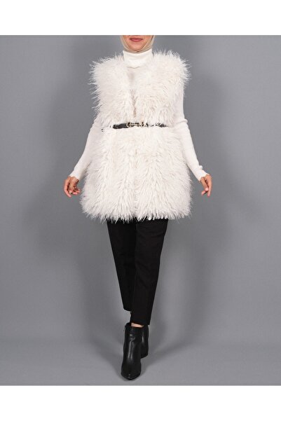 Modamorfo Belted Side Pocket Fur Lined Vest -White