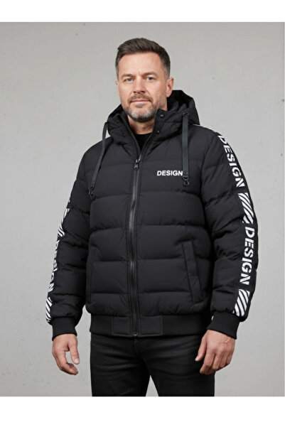 embody Men's black thick winter jacket with detachable hood and "Design" print 7951-1