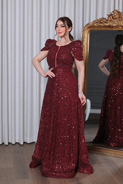 Lara فستان سهرة بترتر خمري فاخر بأكمام منفوخة – تصميم أنثوي راقٍ