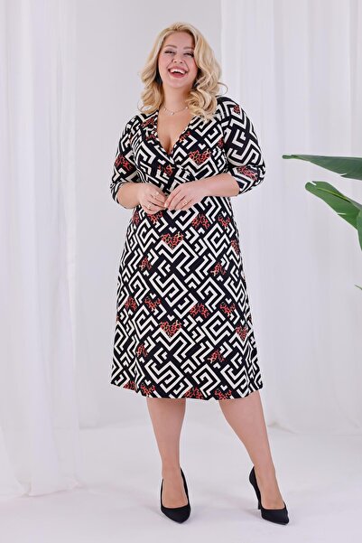 Madwilo Women's Black and White Geometric Pattern Double Breasted Collar Elastic Waist Plus Size Dress