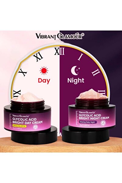 Vibrant Glamour مجموعة كريم النهار والليل بحمض الجليكوليك من فيبرونت جلامور، كريم ليلي مقشر ومجدد، يزيل الهالات السوداء.
