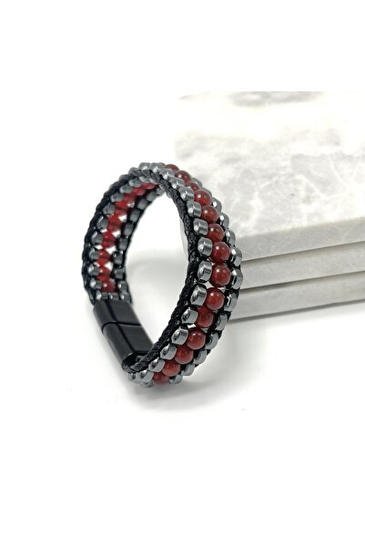 YILDIZ DOĞAL TAŞ Sertifikalı Kırmızı Akik Taşı Erkek Bileklik – Çelik Kilitli, Doğal Taş Tasarım, Şık ve Özgün