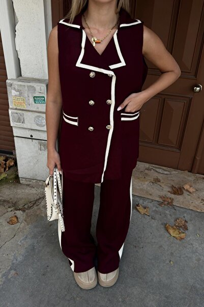 Swist Bordo Kruvaze Şerit Detaylı Yelek-Pantolon Kadın Triko Alt Üst Takım