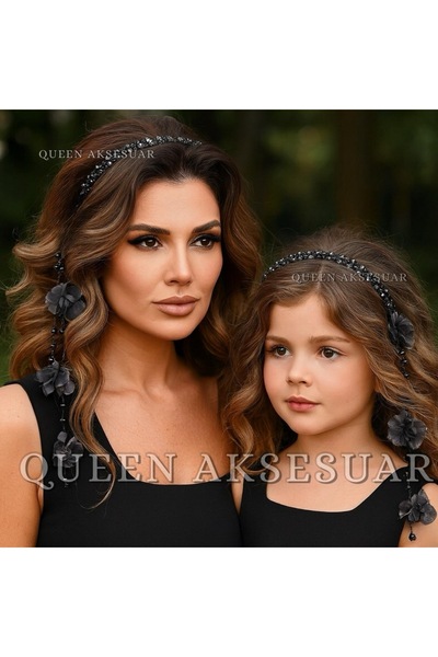 QUEEN AKSESUAR Double Pendant Flower Crystal Beaded Metal Crown Special Day Crown Women Children Dark Smoked Grey Black