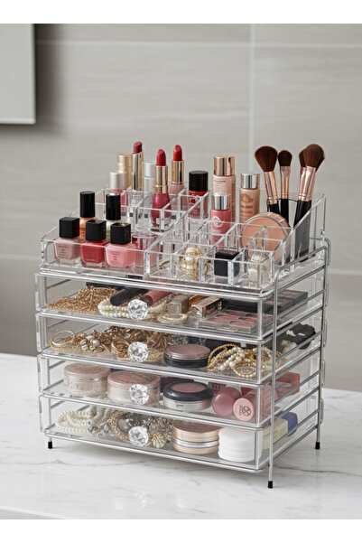 Noor منظم اكريليك شفاف للمكياج ومستلزمات التجميل، ٤ ادراج وأقسام علوية