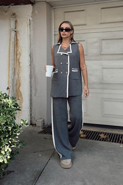 Swist Gri Kruvaze Şerit Detaylı Yelek-Pantolon Kadın Triko Alt Üst Takım