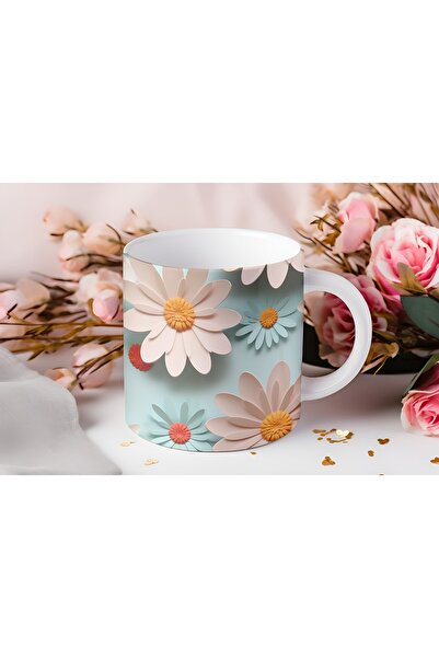 Beramussa 3D Natural Floral Mug – Daisy Themed Cup with Floral Texture – Unembossed