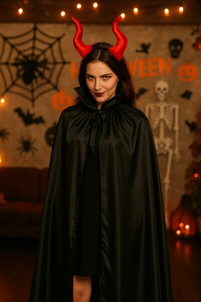 TOYFEST Cadılar Bayramı Malefiz Maleficent Kırmızı Boynuzlu Taç ve 120 Cm Siy...