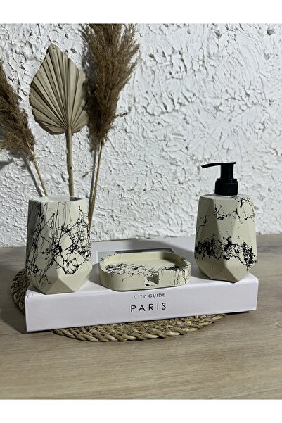 Zigzag Home Διακοσμητικό σετ μπάνιου 3 τεμαχίων με μαρμάρινο σχέδιο, δοχείο υγρού/στερεού σαπουνιού, θήκη οδοντόβουρτσας, θήκη για πετσέτες, σετ δίσκου