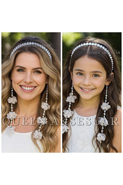 QUEEN AKSESUAR Double Pendant Flower Crystal Metal Beaded Crown Special Day Crown Female Children Silver Grey
