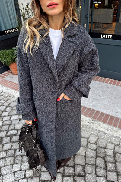 Sue Store Anthracite Wool Textured Lined Buttoned Coat