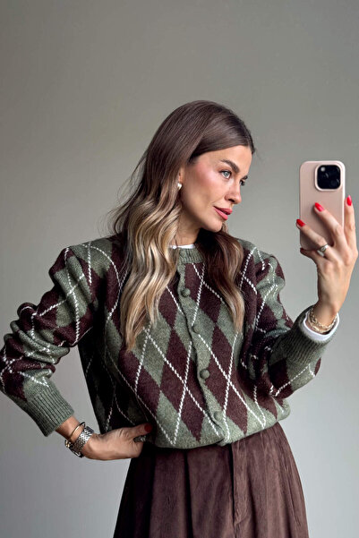 Sue Store Cardigan premium cu nasturi acoperiți cu model kaki maro baklava