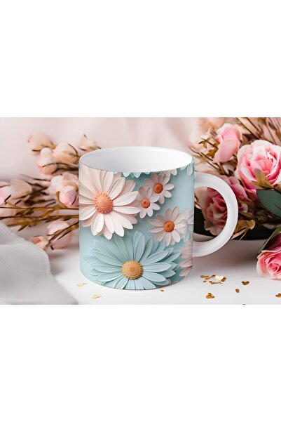 Beramussa كوب بنمط زهور ثلاثي الأبعاد - تصميم أزرق ووردي بموضوع الأقحوان الطبيعي - بدون نقش بارز