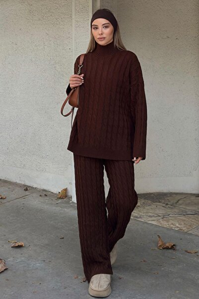 Swist Kahverengi Tail Saç Örgü Desenli Kazak-Pantolon Kadın Alt Üst Takım