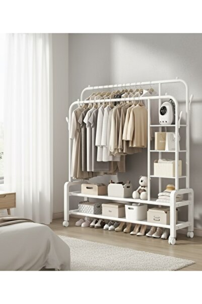 Noor علاقة ملابس مع ارفف تخزين، مصنوع من المعدن لون ابيض، بعجلات ، 55*110*160