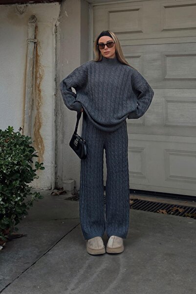 Swist Füme Tail Saç Örgü Desenli Kazak-Pantolon Kadın Alt Üst Takım