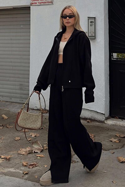 Swist Black Chimali Hooded Cardigan-Pants Oversize Women's Knitwear Bottom-Top Set