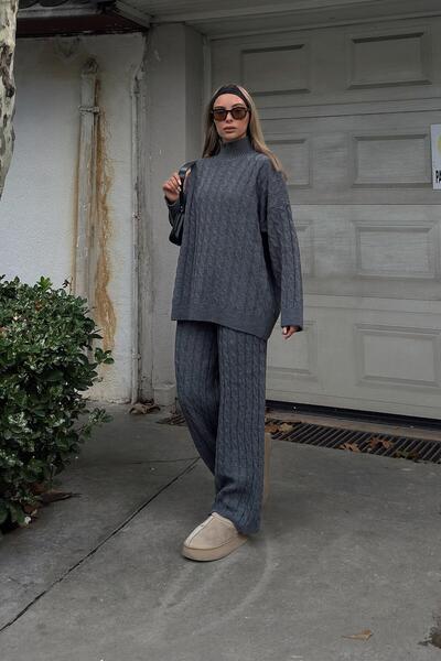 Swist Füme Tail Saç Örgü Desenli Kazak-Pantolon Kadın Alt Üst Takım