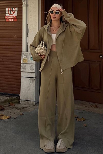 Swist Haki Çimalı Kapüşonlu Hırka-Pantolon Oversize Kadın Triko Alt Üst Takım